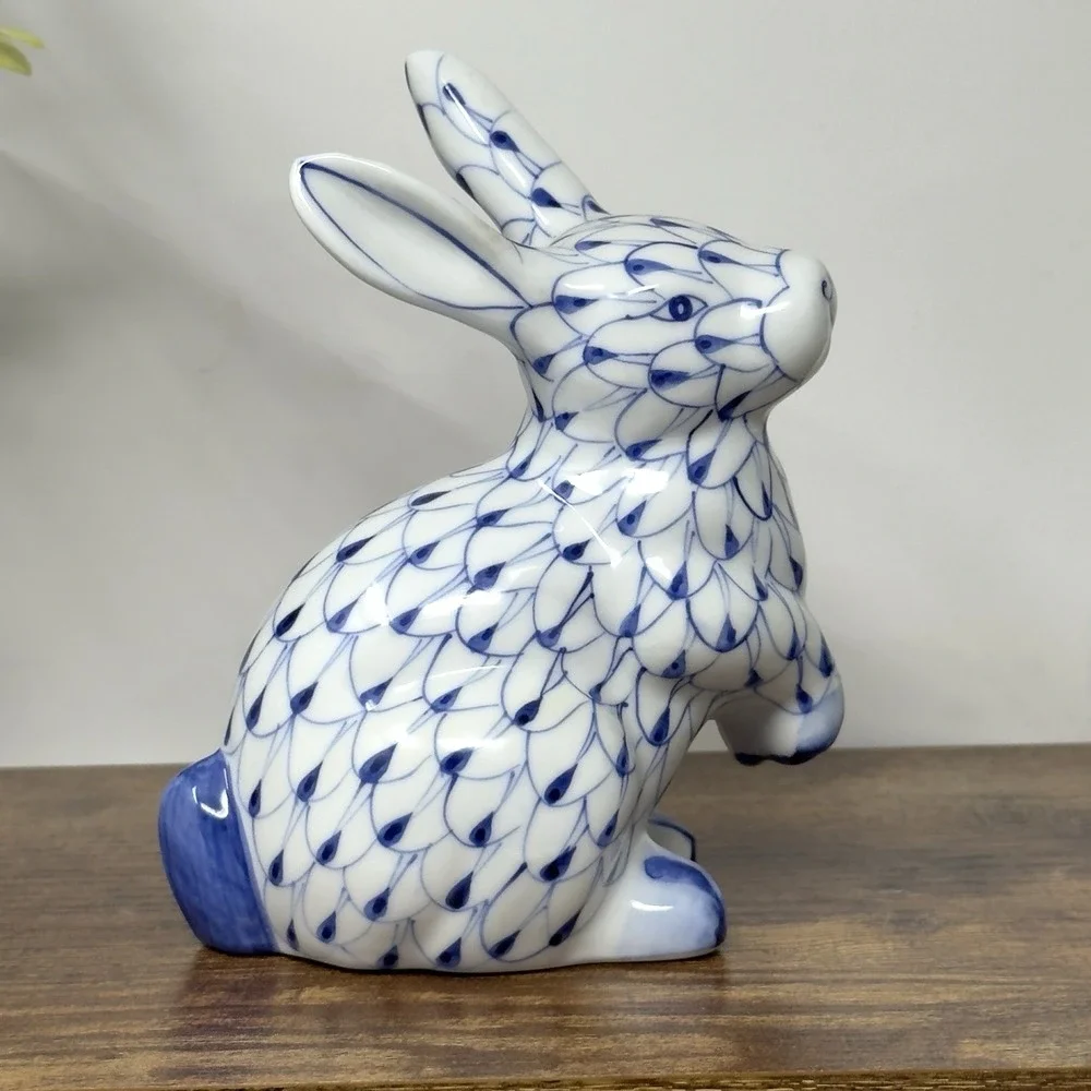 VTG Andrea by Sadek Rabbit Figurine Blue Fishnet Herend Style 5.5